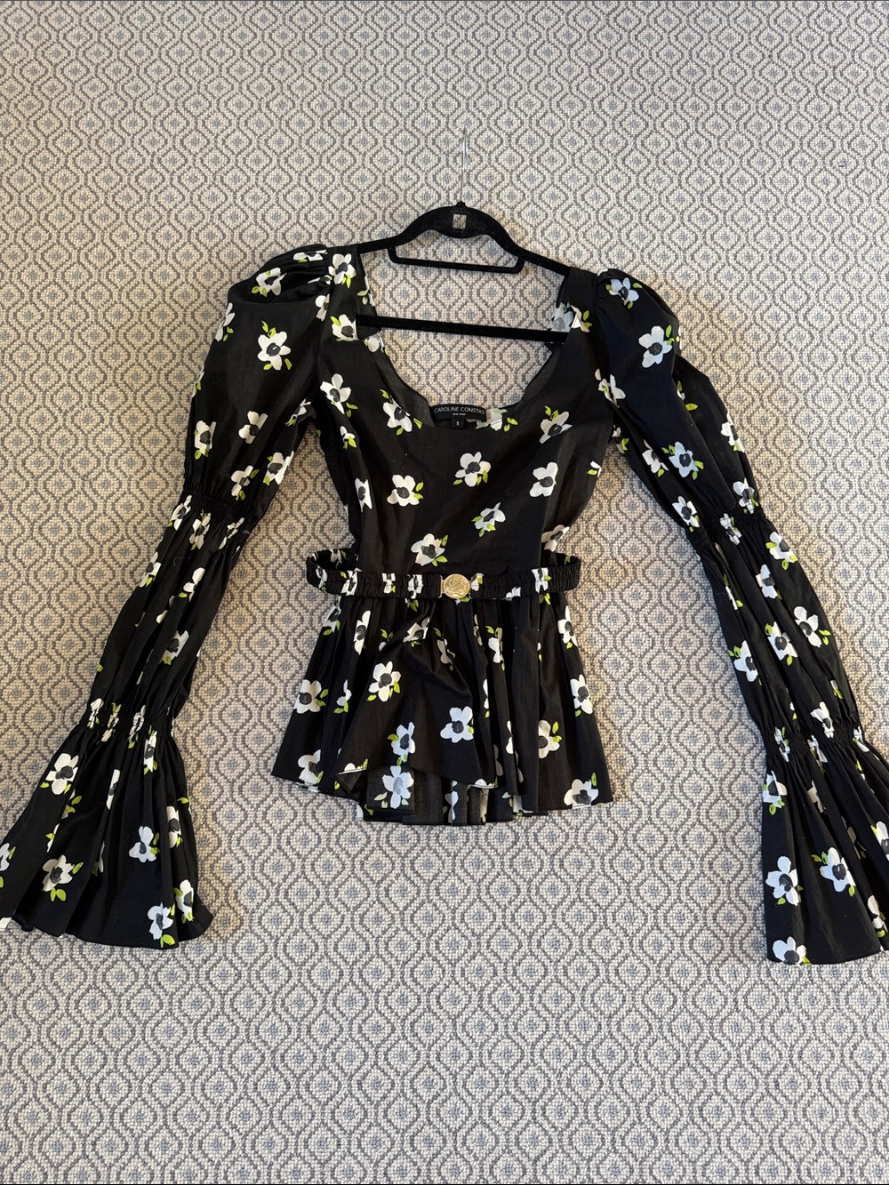 Caroline Constas Black Floral Peplum Top with Puff Sleeves